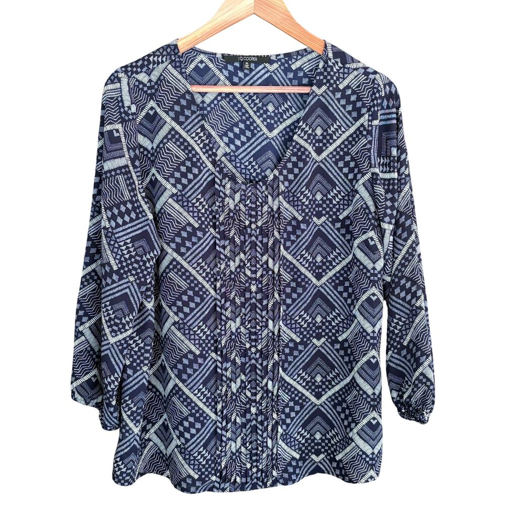 19 Cooper Southwestern Blouse XL Navy Blue White Top Coastal Travel Resort